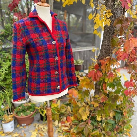 50s 60s Hudson’s Bay Plaid Wool Sweater Metal Crest Buttons Jacket Rare Sz 37 - Picture 16 of 16